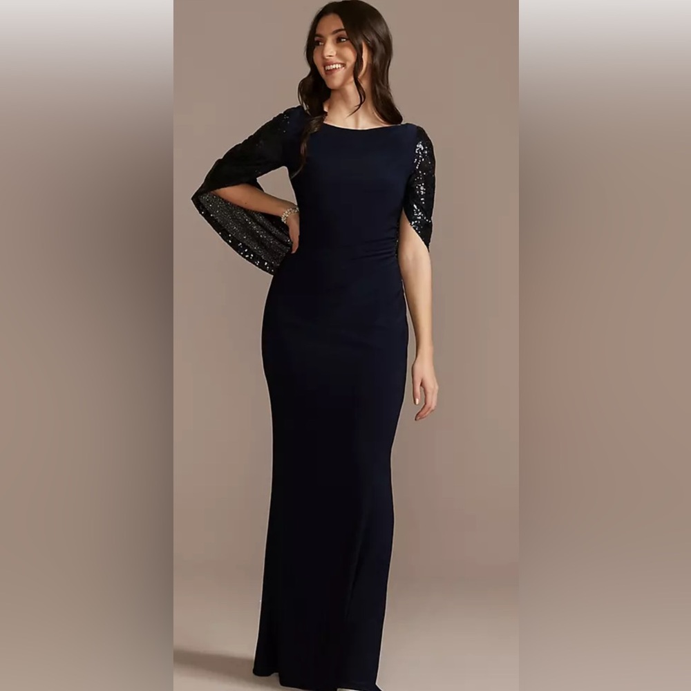 🌺Jersey Sheath Navy  Dress with Beaded Swag Sleeves